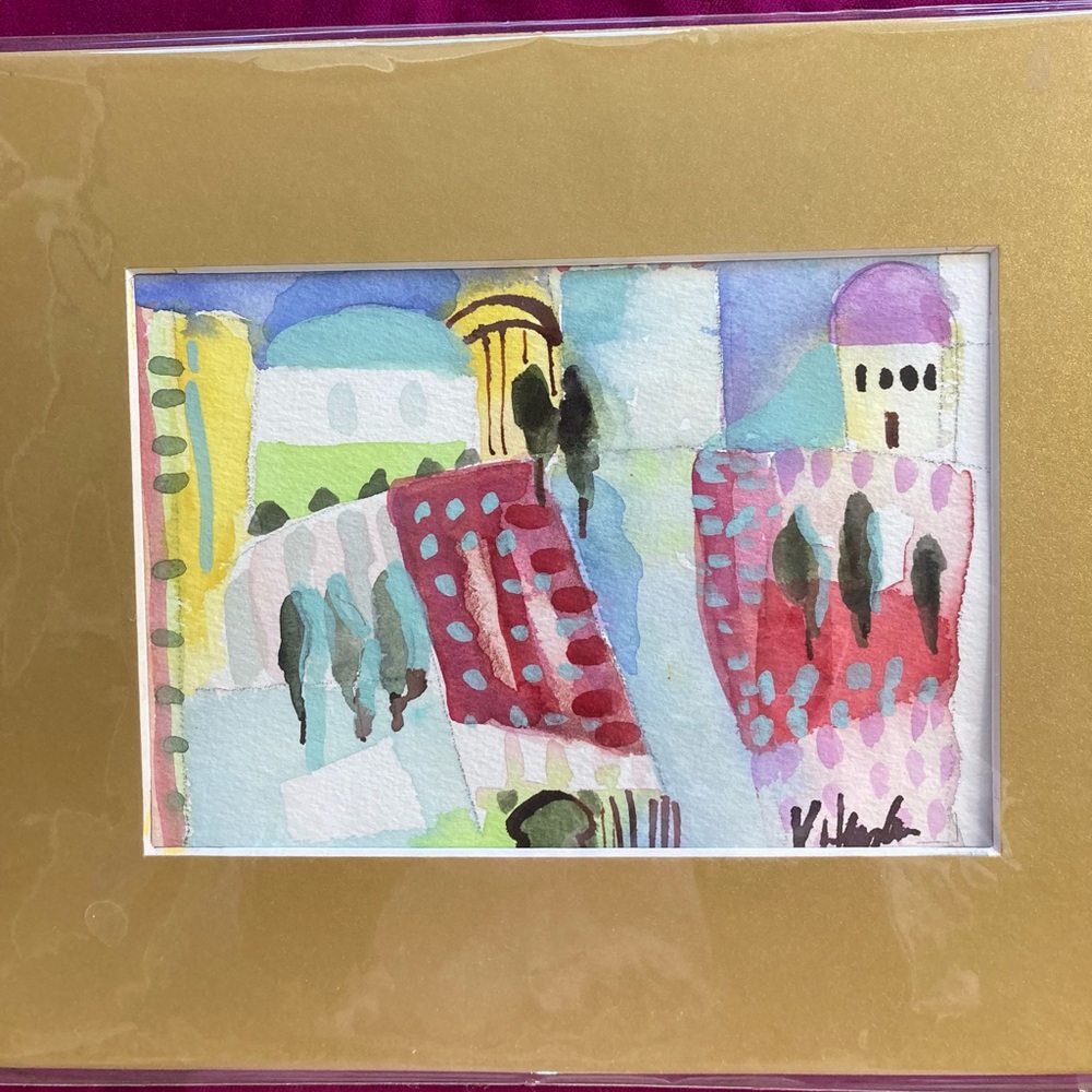 Original Watercolor painting of A Greek Vineyard 7”x5” Matted Hand Painted